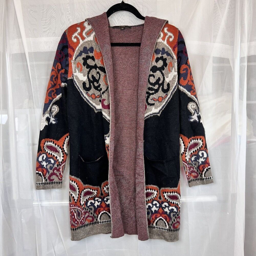 Max sport tapestry print hooded cardigan sweater wool blend boho lagenlook SM